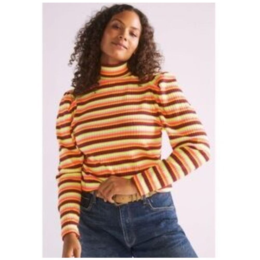 Anthropologie Maeve Striped Puff Sleeve Turtleneck Size S